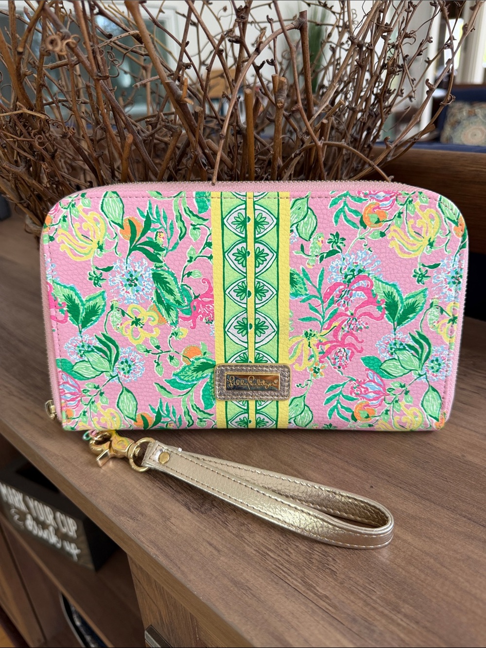 Lilly Pulitzer Pink Floral Zip Wristlet with Gold Strap